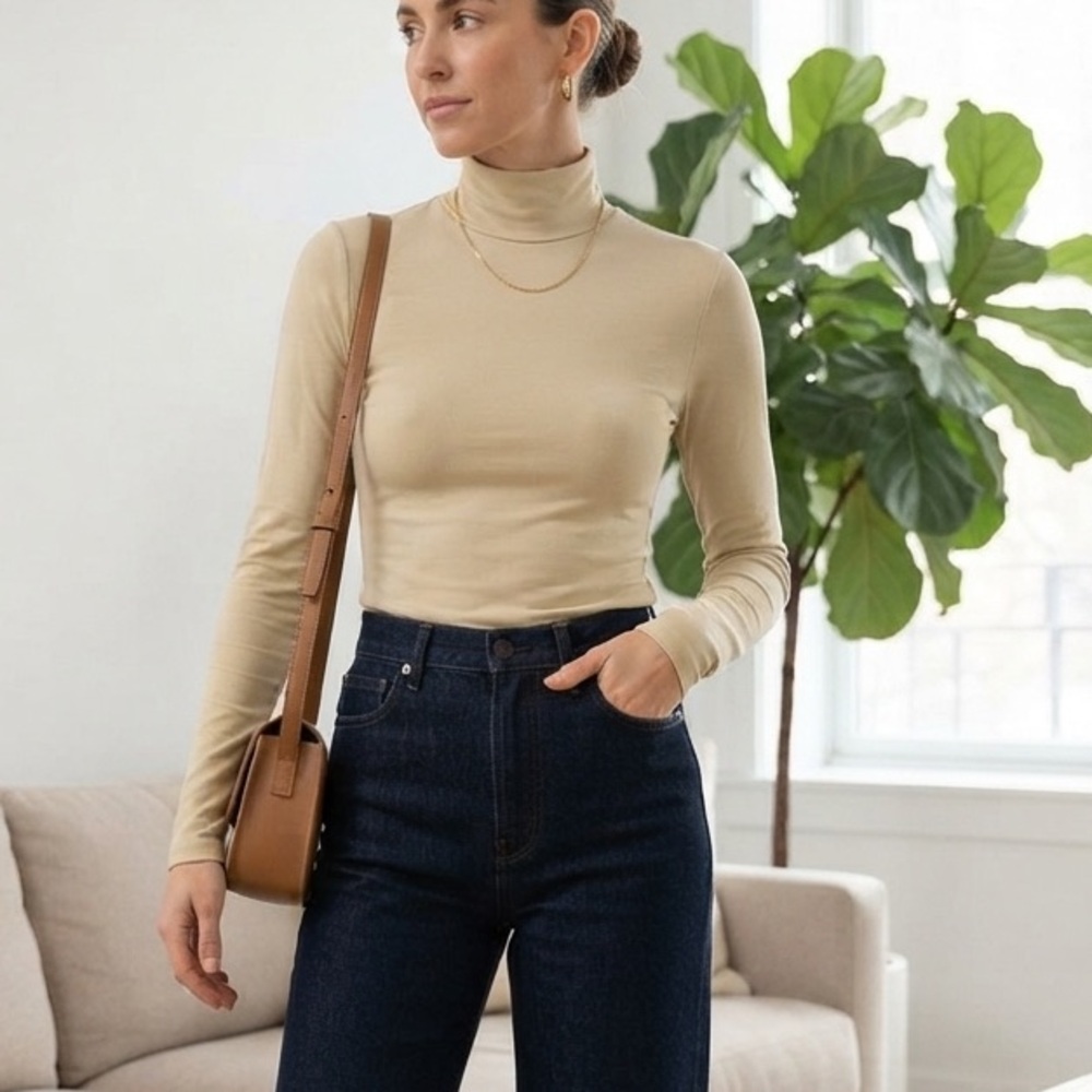 Cream Fitted Long Sleeve Turtleneck Sweater